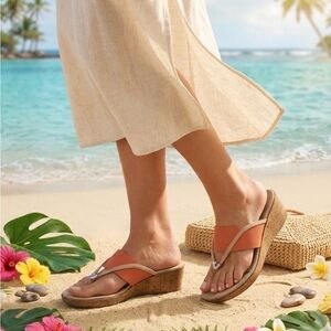 Womens Coral Cork Wedge Thong Sandals